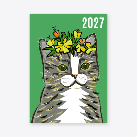 Agenda Cat Sir James 2027 A6 – green cover with Reana's illustration of our tabby cat James wearing a flower crown and the year 2027