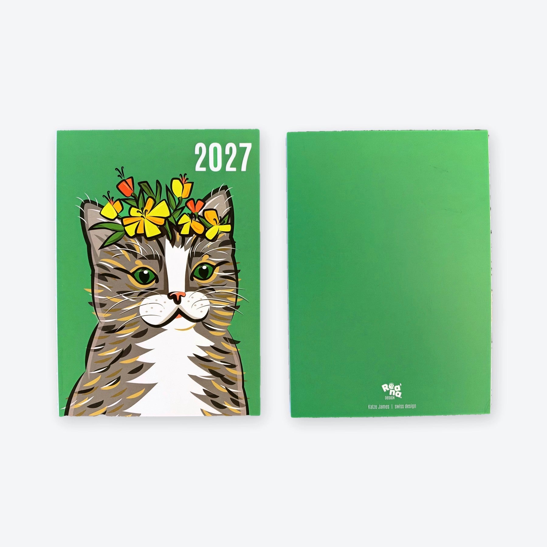 Agenda Cat Sir James 2027 – front with the cat and green back with the Reana Design logo, side by side