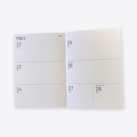 Open agenda 2027 – week 12 double page in March, with Good Friday and Easter Sunday marked (in German)