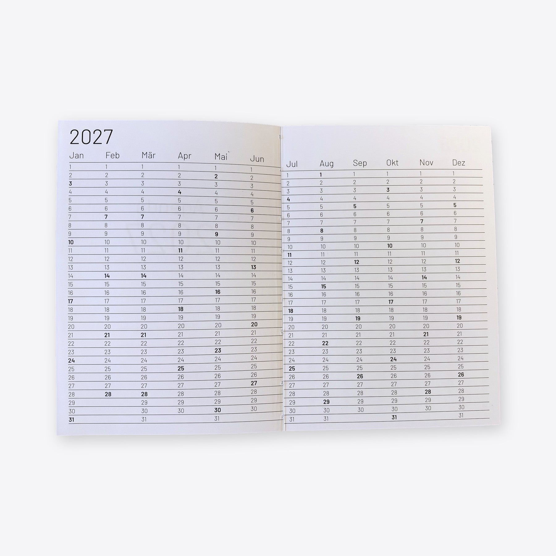 Year overview 2027 in the agenda – twelve month columns across a double page