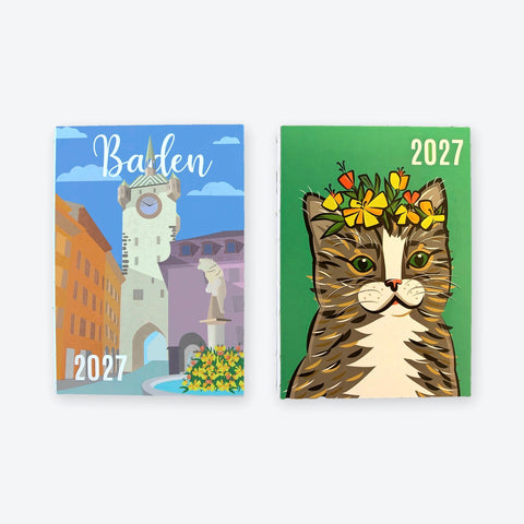 The two 2027 agendas side by side: Stadtturm Baden and Cat Sir James