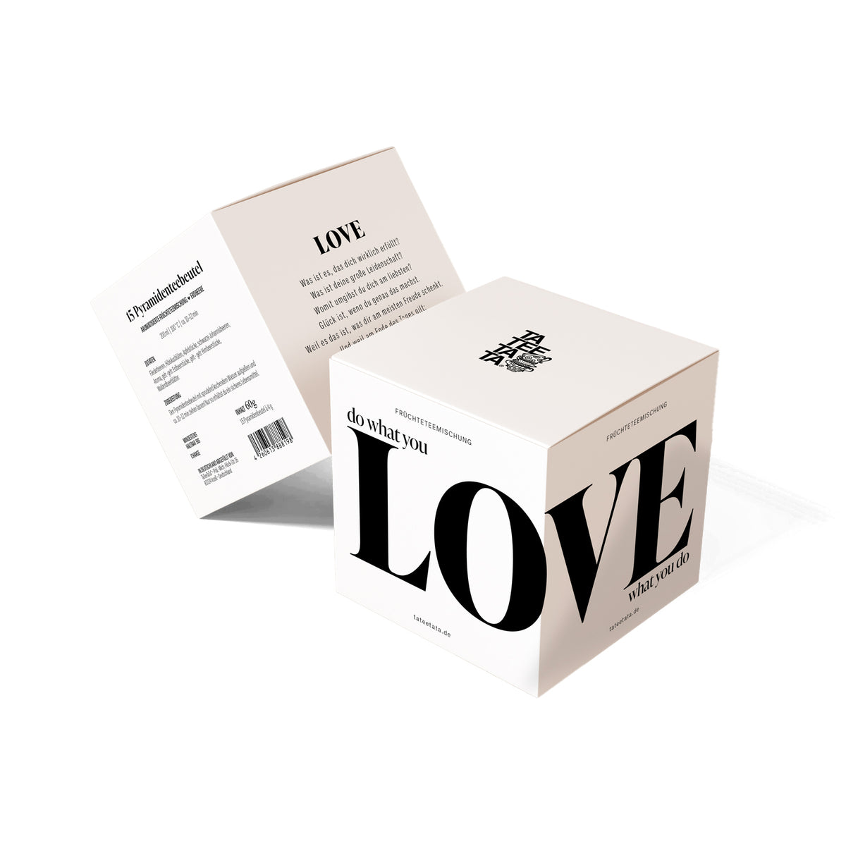Teewürfel «Do what you LOVE what you do» von TaTeeTaTa – crèmefarbener Würfel mit grossem schwarzem Schriftzug «LOVE», daneben die aufgeklappte Verpackung mit Zutaten und Text