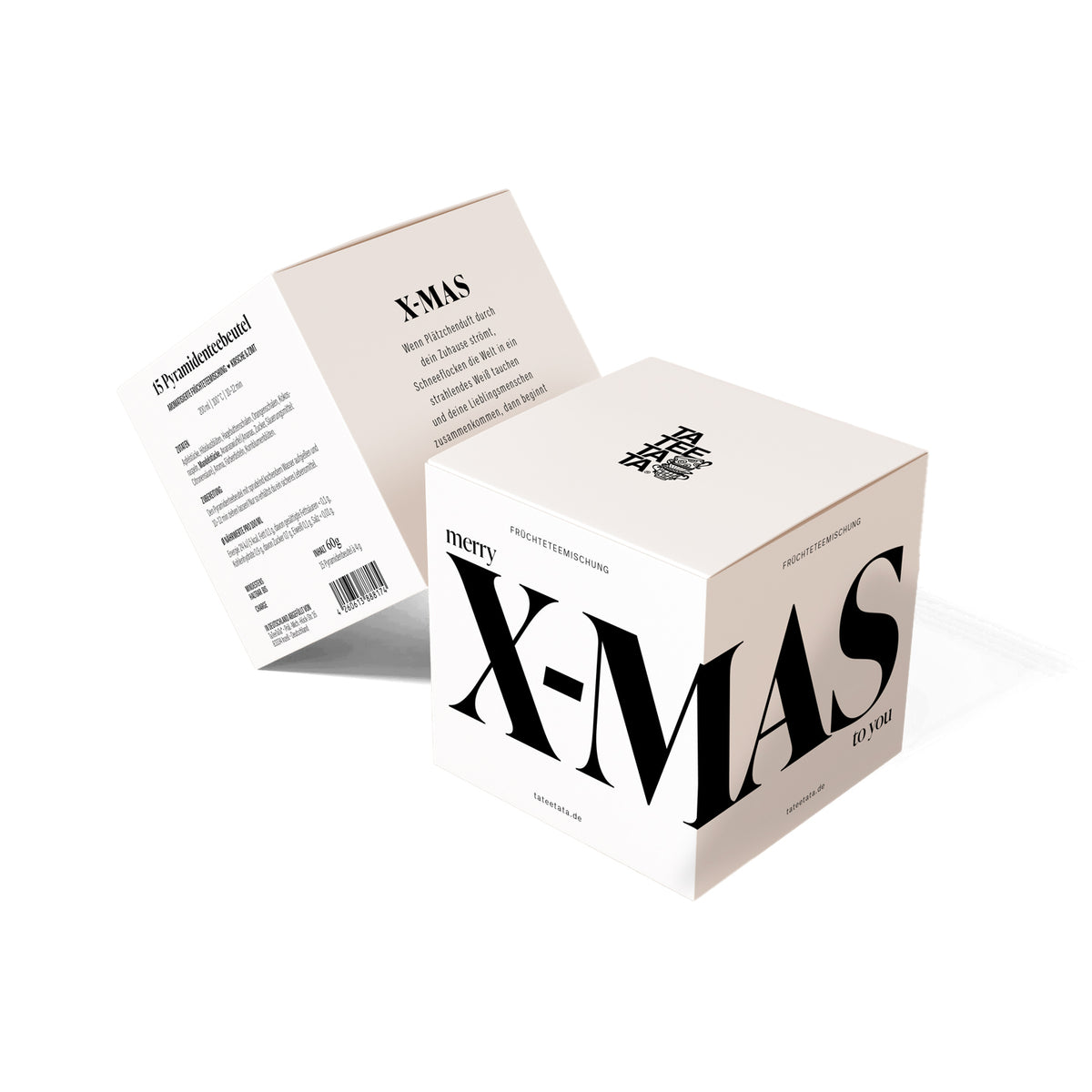 Teewürfel «X-MAS» von TaTeeTaTa – crèmefarbener Würfel mit grossem schwarzem Schriftzug «merry X-MAS to you», daneben die aufgeklappte Verpackung mit Zutaten und Weihnachtstext
