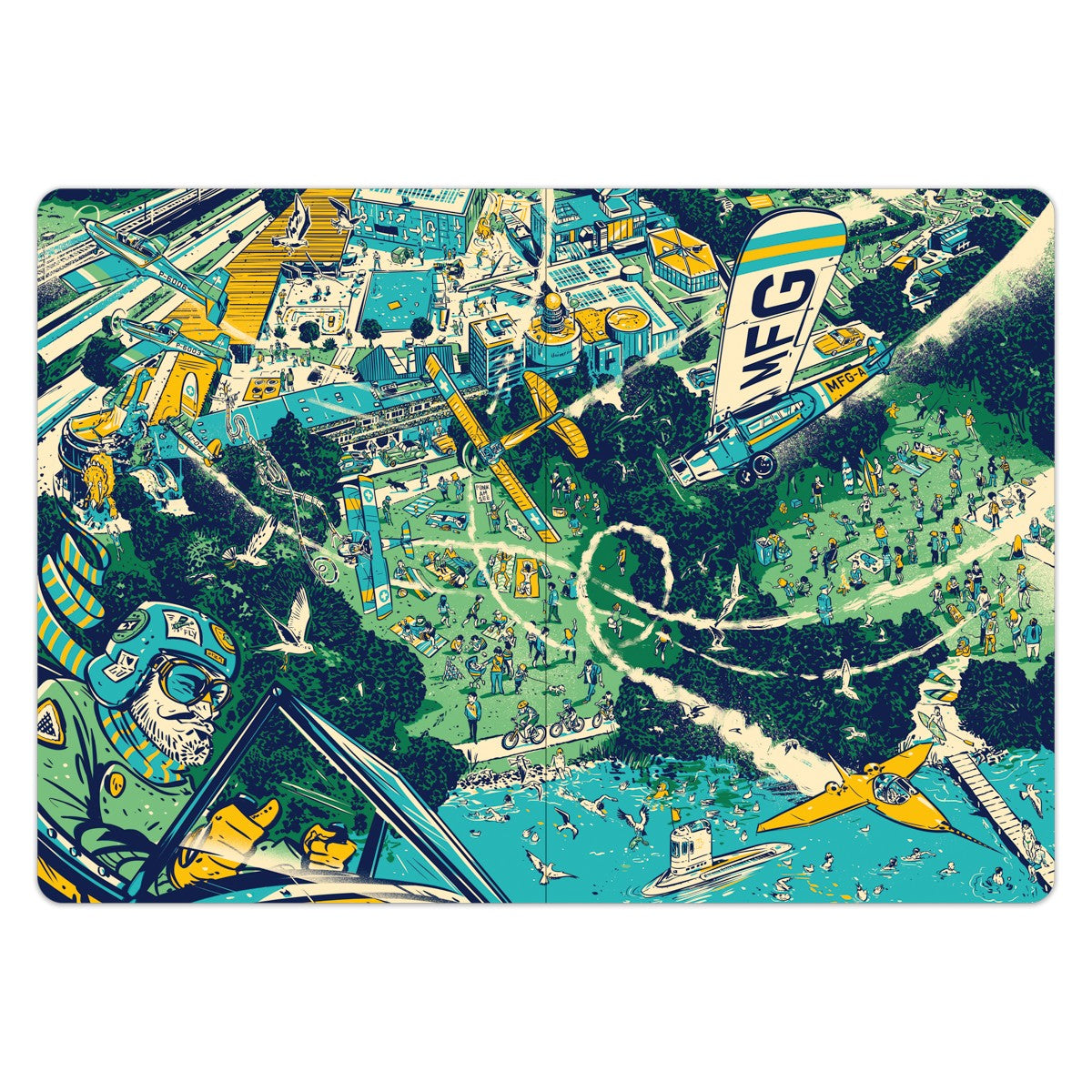 Das Luzern Wimmelbuch – Doppelseite mit Blick von oben auf das Verkehrshaus und Flugzeuge