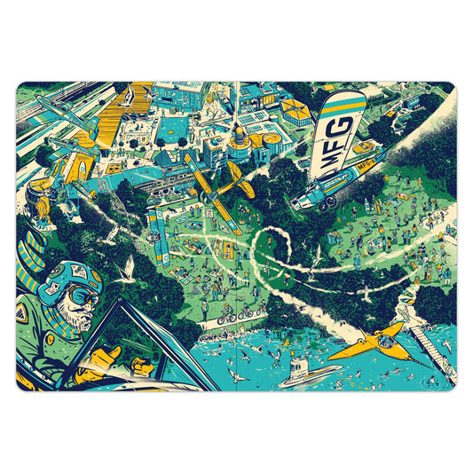 Das Luzern Wimmelbuch – Doppelseite mit Blick von oben auf das Verkehrshaus und Flugzeuge