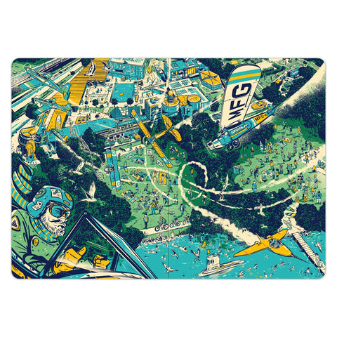 Das Luzern Wimmelbuch – Doppelseite mit Blick von oben auf das Verkehrshaus und Flugzeuge