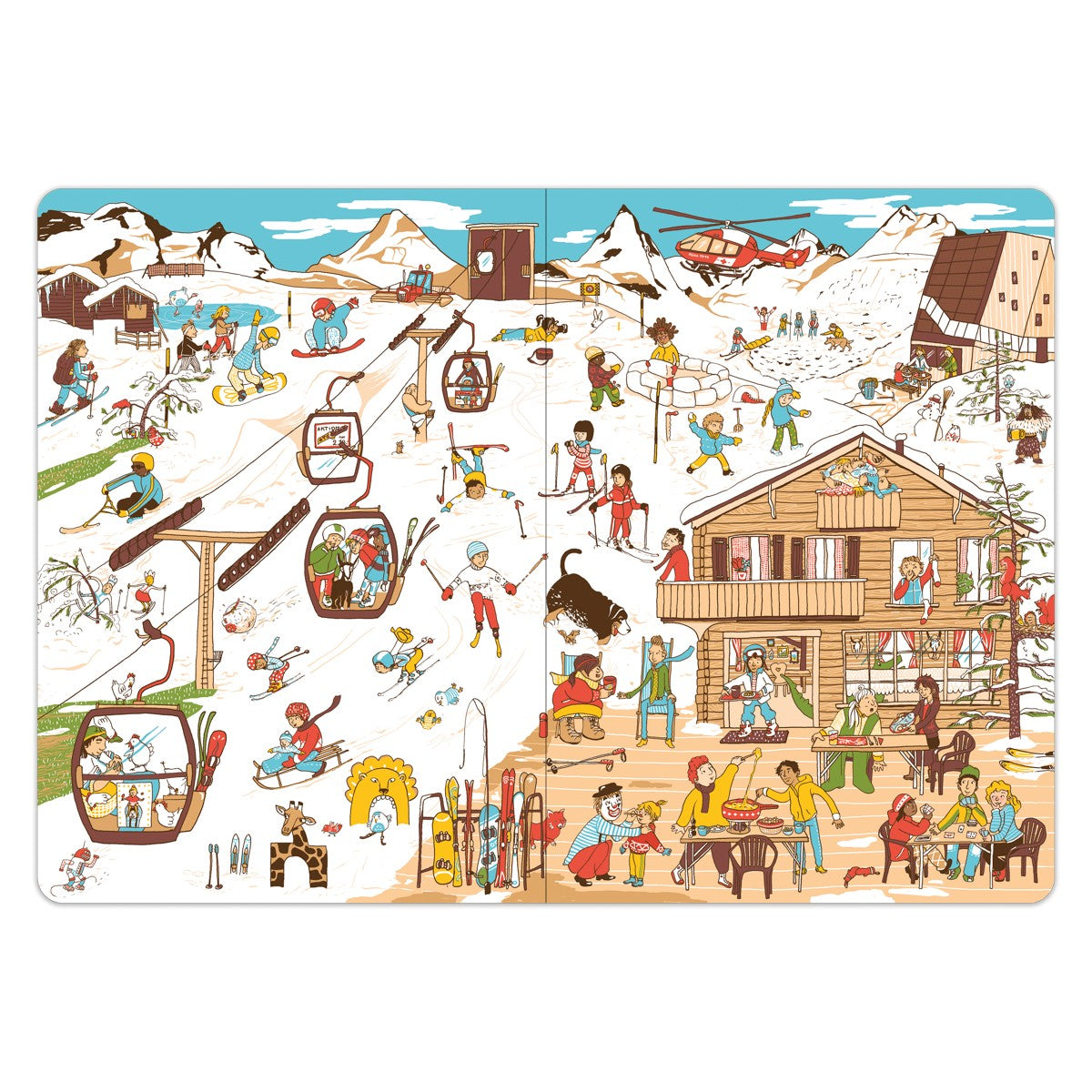 Das Schweiz Wimmelbuch – Doppelseite mit Skigebiet, Seilbahn und Chalet im Schnee