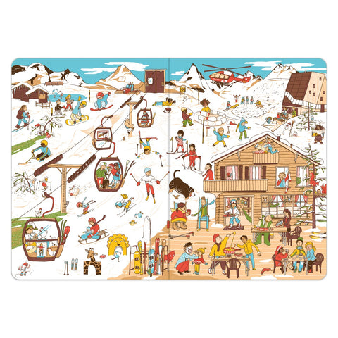 Das Schweiz Wimmelbuch – Doppelseite mit Skigebiet, Seilbahn und Chalet im Schnee