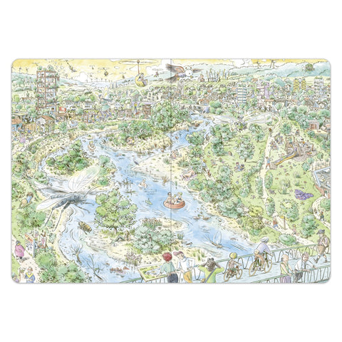 Das Fluss Wimmelbuch – Doppelseite mit verzweigter Flusslandschaft aus der Vogelperspektive