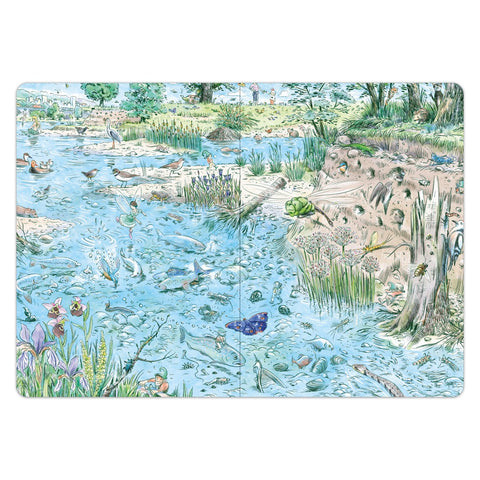 Das Fluss Wimmelbuch – Doppelseite mit Fischen, Wasserpflanzen und Tieren unter und über Wasser