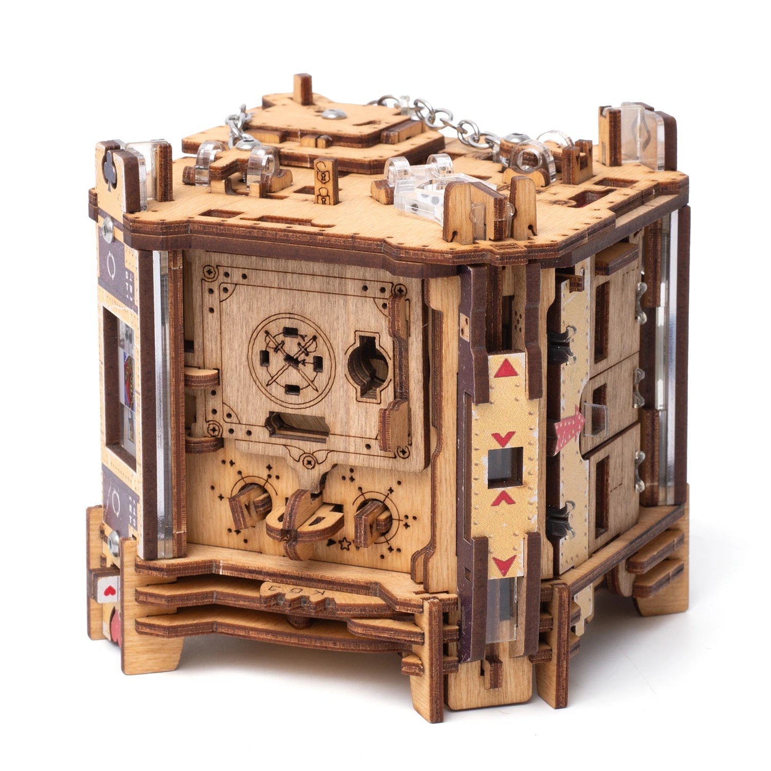 Seitenansicht der Cluebox mit Holzmechanik, Schlossblende und Pfeil-Schiebern