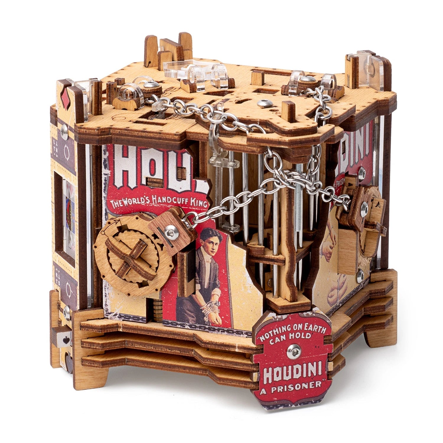Rätselbox mit Plakette «Nothing on earth can hold Houdini» und Kette um den Käfig