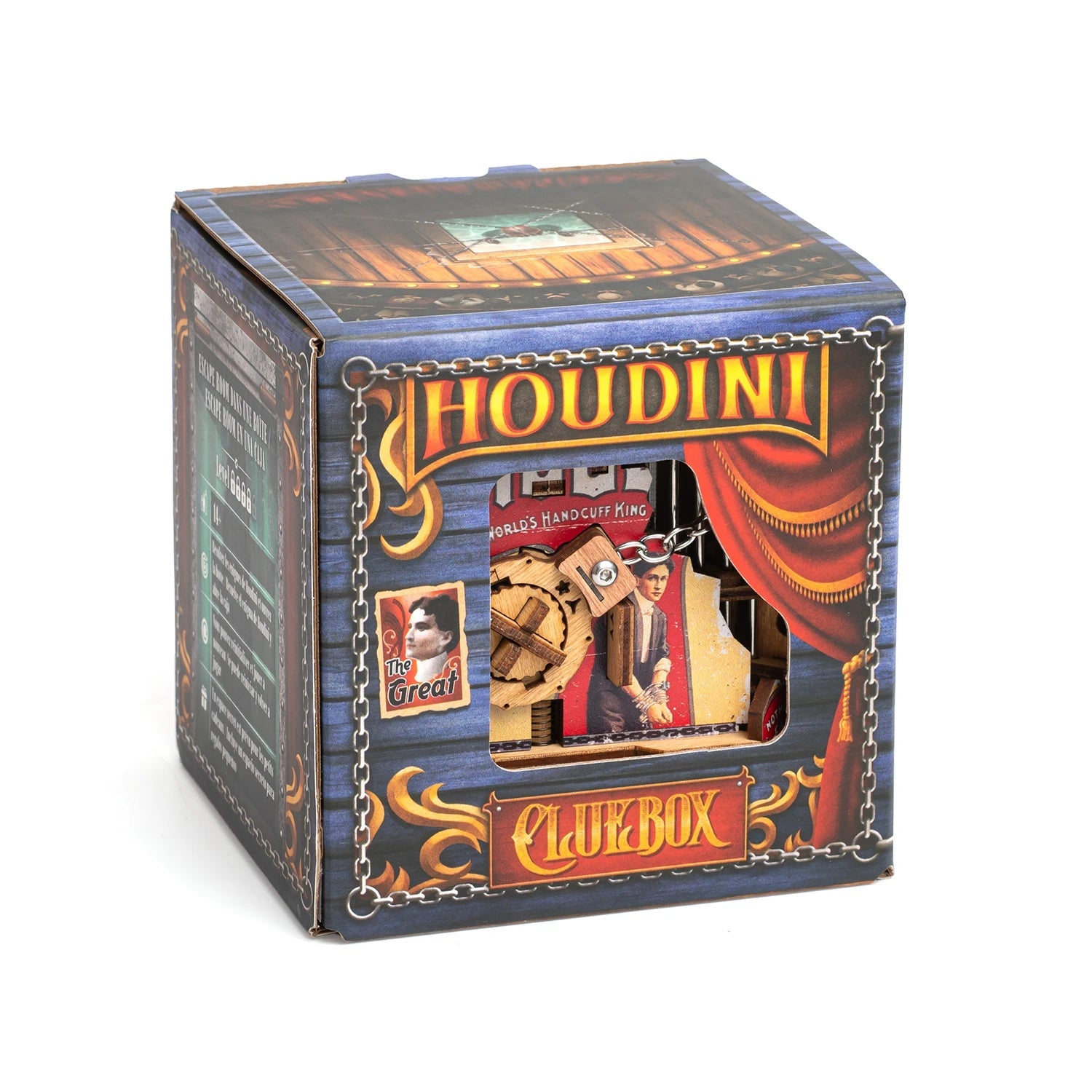 Geschenkverpackung der Cluebox «Houdini» mit Bühnenvorhang-Motiv