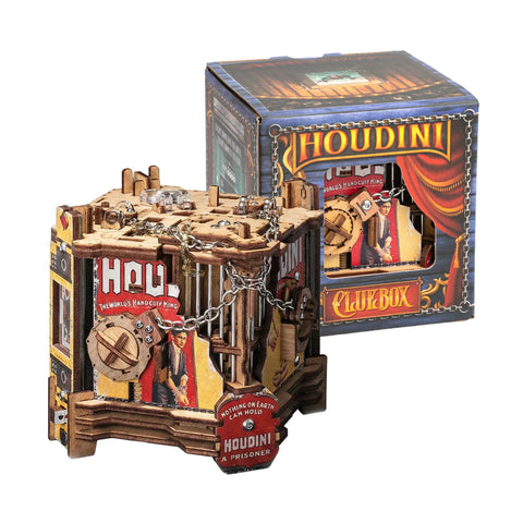 Cluebox «Houdini’s Magic Escape»: Holz-Rätselbox mit Ketten und Houdini-Plakat, daneben die Geschenkverpackung