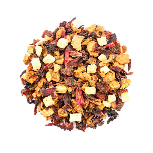 Loose pear and cinnamon fruit tea blend with apple pieces, hibiscus flowers and pineapple cubes