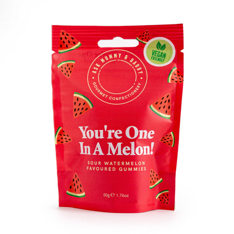 NaniManu Gummis «You’re One In A Melon!» von Ask Mummy & Daddy – Beutel freigestellt, Vorderseite mit Wortspiel