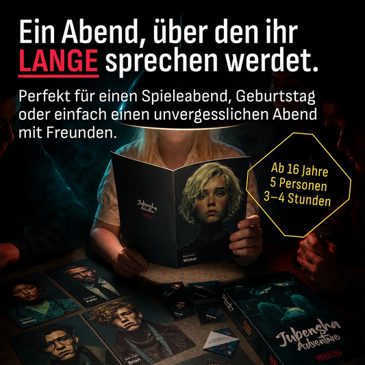 Hände halten ein Rollenheft über dem Spieltisch – «Herzlos» für 5 Personen ab 16 Jahren, 3–4 Stunden