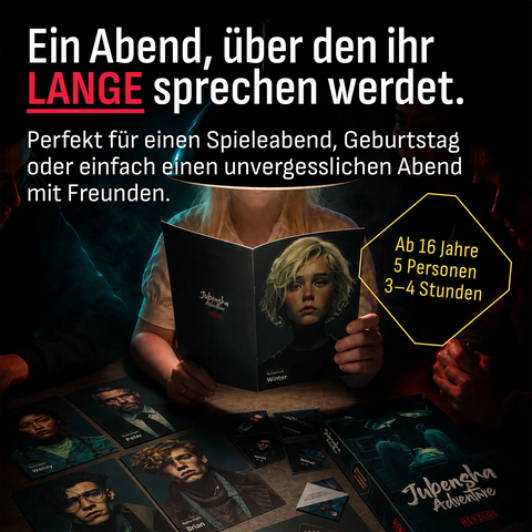 Hände halten ein Rollenheft über dem Spieltisch – «Herzlos» für 5 Personen ab 16 Jahren, 3–4 Stunden