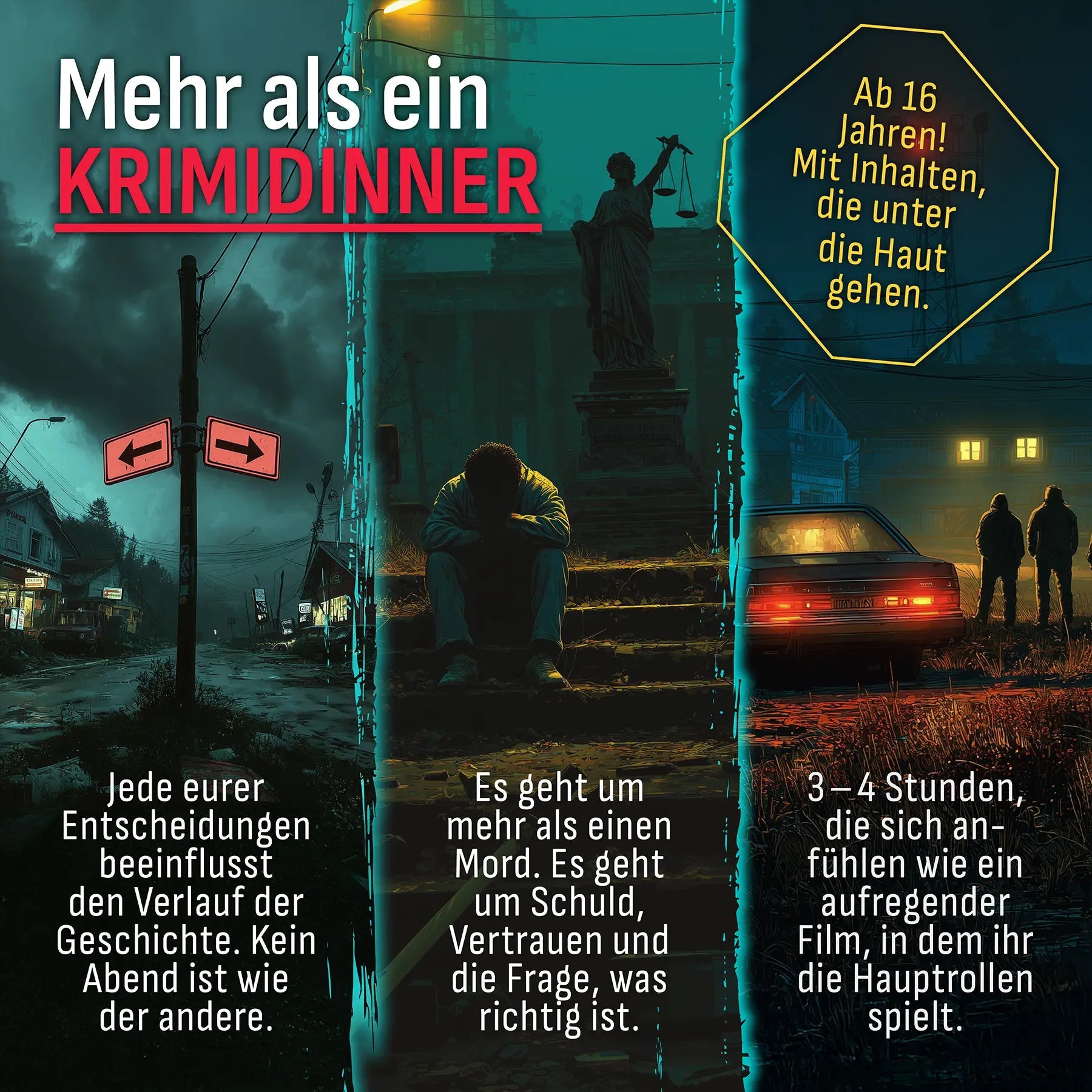 Drei nächtliche Szenen mit Kreuzung, Gerichtsgebäude und Auto zum Jubensha-Krimi «Herzlos»