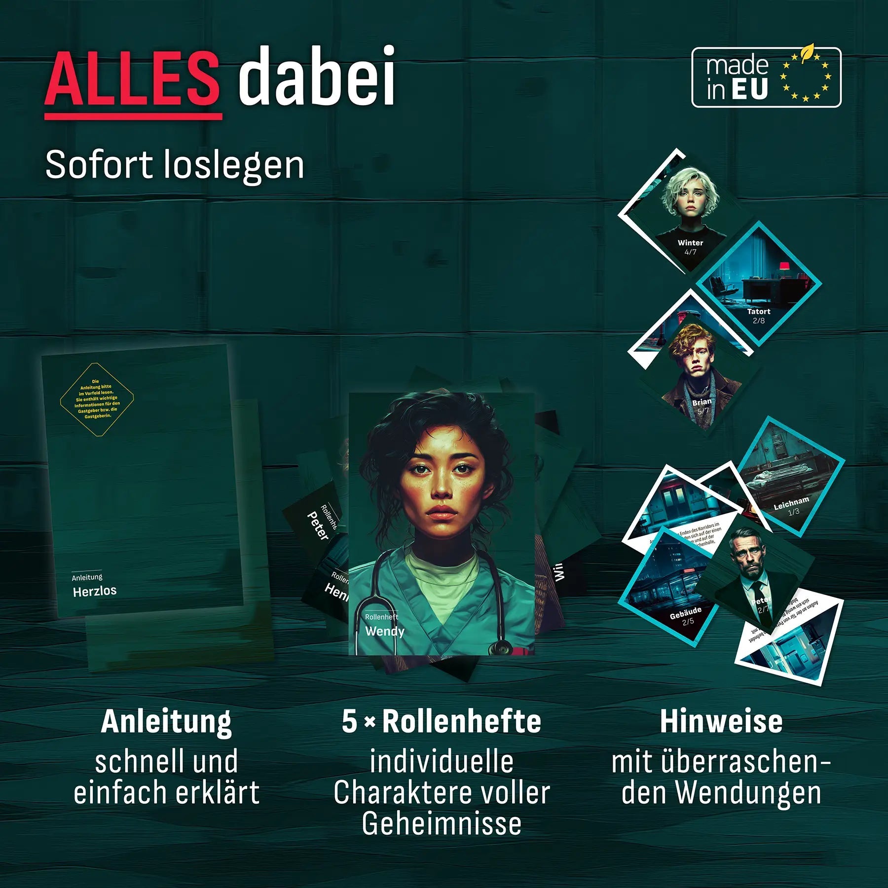 Spielmaterial von «Herzlos»: Anleitung, 5 Rollenhefte und Hinweiskarten, Logo «made in EU»