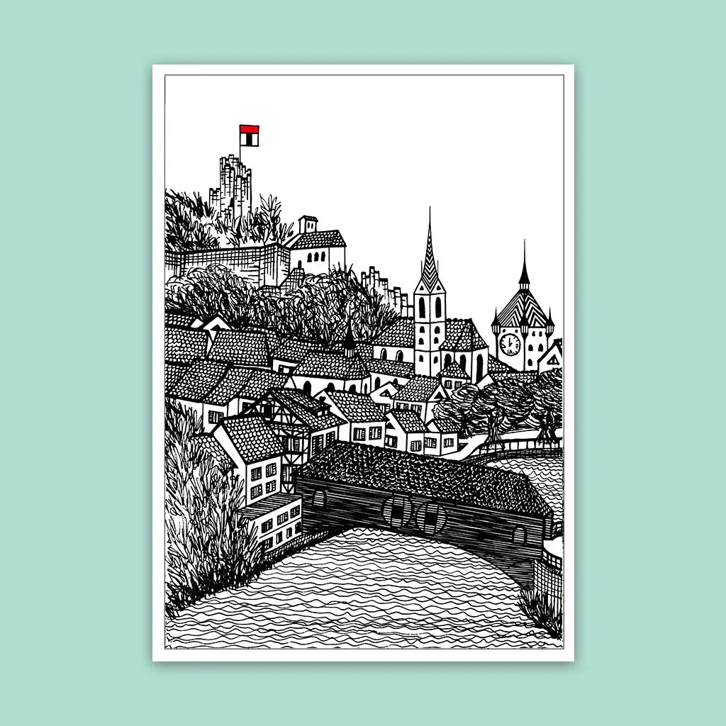 Altstadt Baden, Illustration, Postkarte