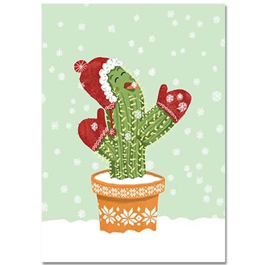 Postkarte «Flockenfänger» von Mare di Maria – lachender Kaktus mit roter Zipfelmütze und Fäustlingen fängt Schneeflocken, Topf mit Norwegermuster, hellgrüner Hintergrund