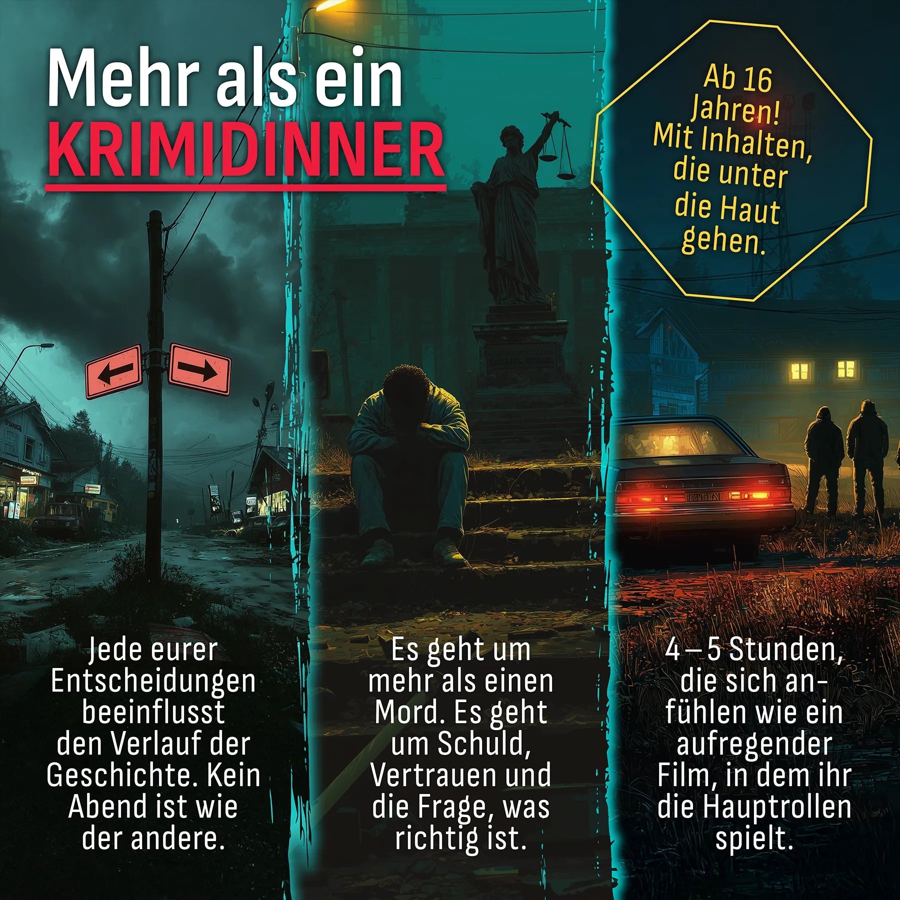 Drei nächtliche Szenen mit Kreuzung, Gerichtsgebäude und Auto zum Jubensha-Krimi «Zeitschleifen»