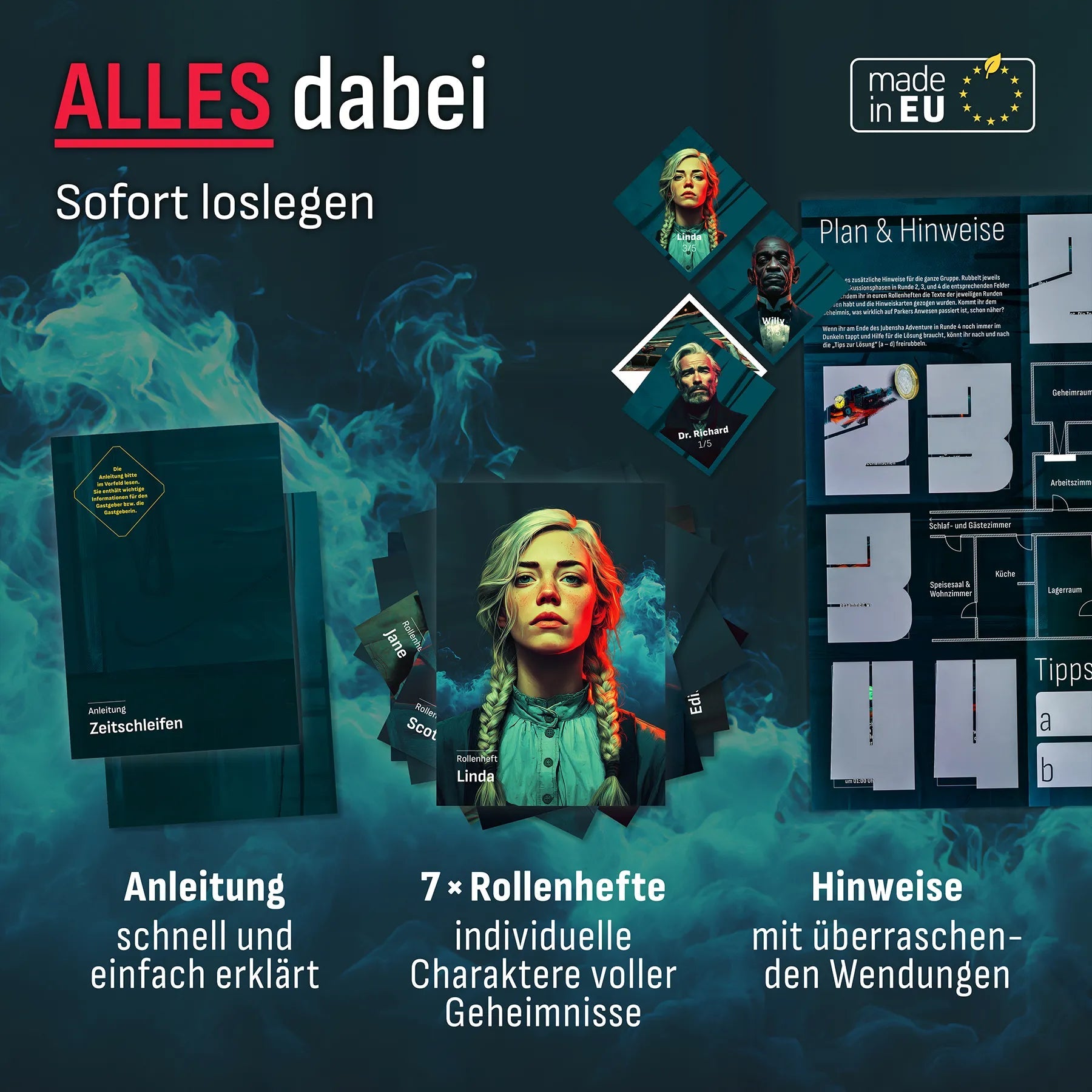 Spielmaterial von «Zeitschleifen»: Anleitung, 7 Rollenhefte und Hinweise mit Plan, Logo «made in EU»